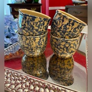4 Vintage Kitchen Crocks Robinson Ransbottom Roseville Blue Spongeware, 10 oz.